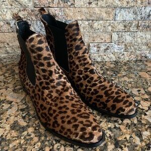 Freda Salvador Sleek Cheetah Chelsea Booties Leather Trim Genuine Calf Hair